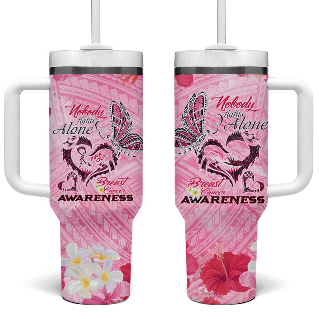 Butterfly Polynesia Breast Cancer Tumbler With Handle Nobody Fights Alone Pink Out Tropical Hibiscus DT02 One Size: 40 oz Pink - Polynesian Pride
