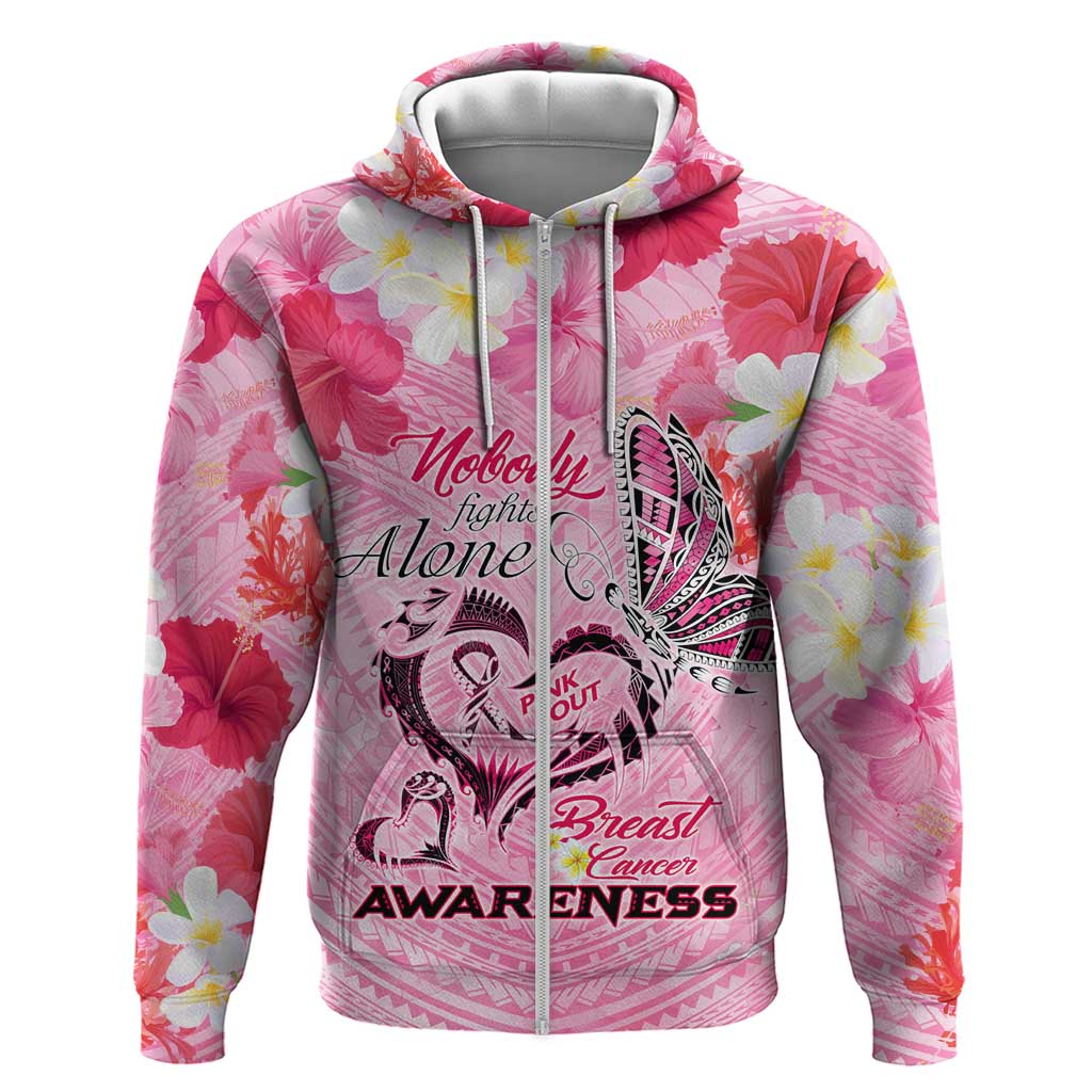Butterfly Polynesia Breast Cancer Zip Hoodie Nobody Fights Alone Pink Out Tropical Hibiscus DT02 Zip Hoodie Pink - Polynesian Pride