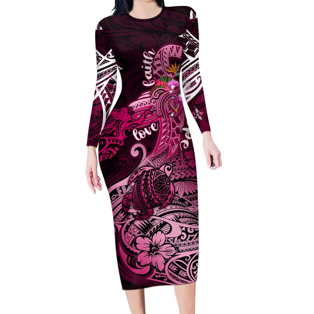 Breast Cancer Mermaid Polynesia Long Sleeve Bodycon Dress Faith Hope Love DT02 Long Dress Pink - Polynesian Pride