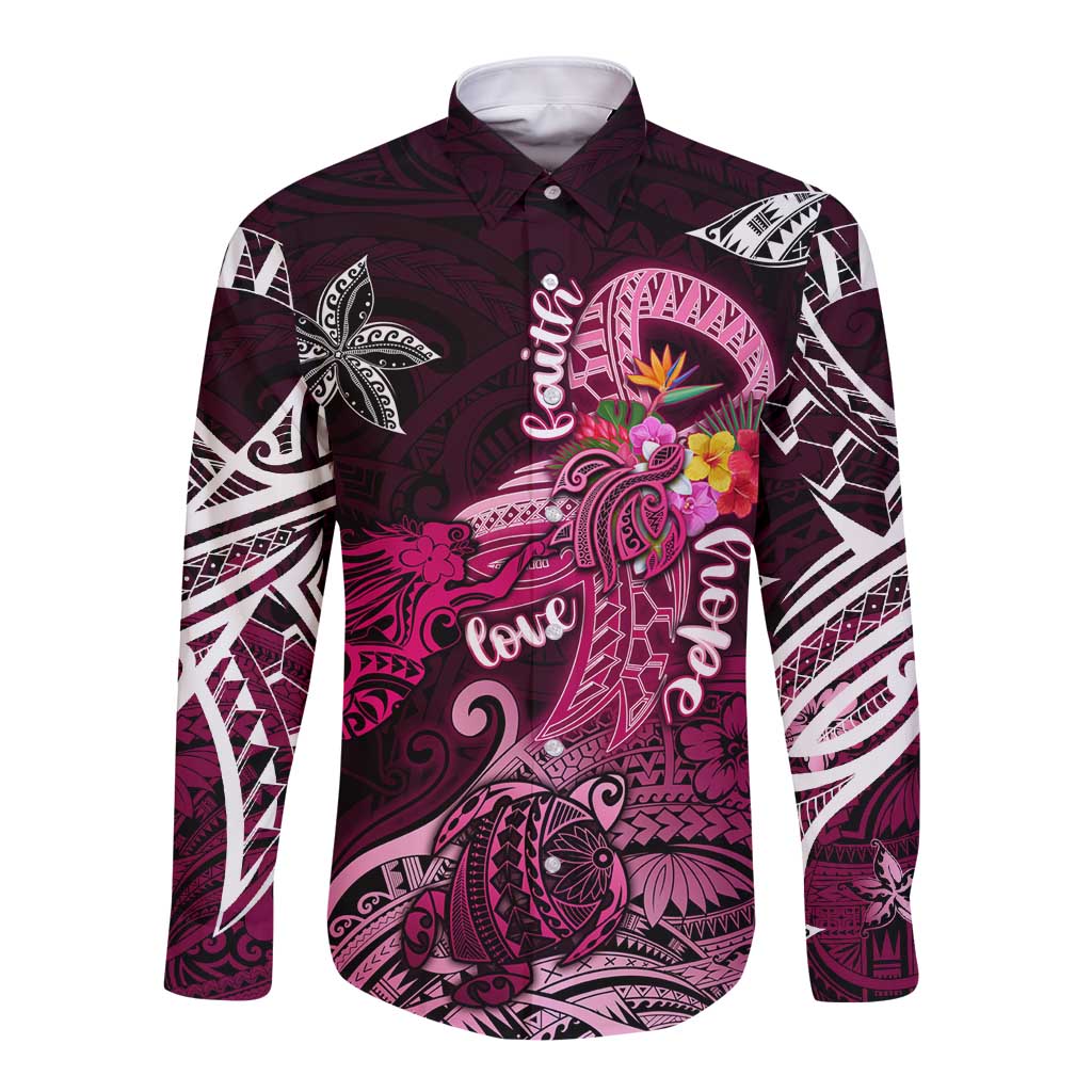 Breast Cancer Mermaid Polynesia Long Sleeve Button Shirt Faith Hope Love DT02 Unisex Pink - Polynesian Pride