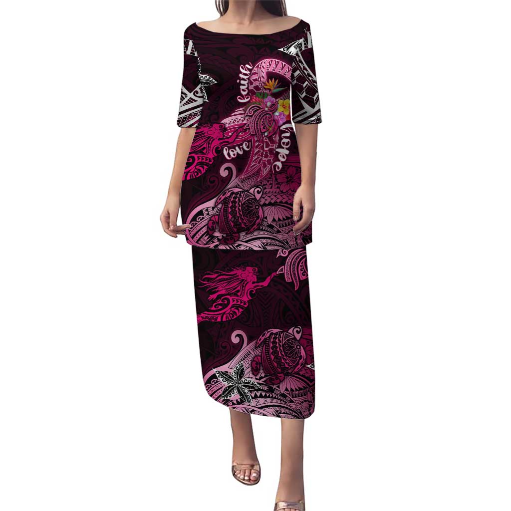 Breast Cancer Mermaid Polynesia Puletasi Faith Hope Love DT02 Long Dress Pink - Polynesian Pride