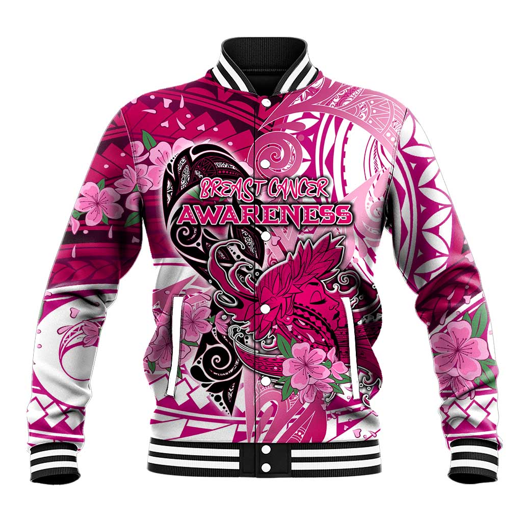 Breast Cancer Awareness Hawaii Baseball Jacket Polynesia Girl Nobody Fights Alone DT02 Unisex Pink - Polynesian Pride