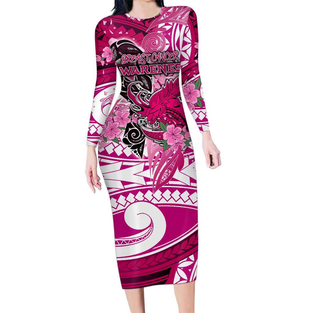 Breast Cancer Awareness Hawaii Long Sleeve Bodycon Dress Polynesia Girl Nobody Fights Alone DT02 Long Dress Pink - Polynesian Pride