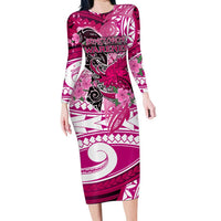 Breast Cancer Awareness Hawaii Long Sleeve Bodycon Dress Polynesia Girl Nobody Fights Alone DT02 Long Dress Pink - Polynesian Pride