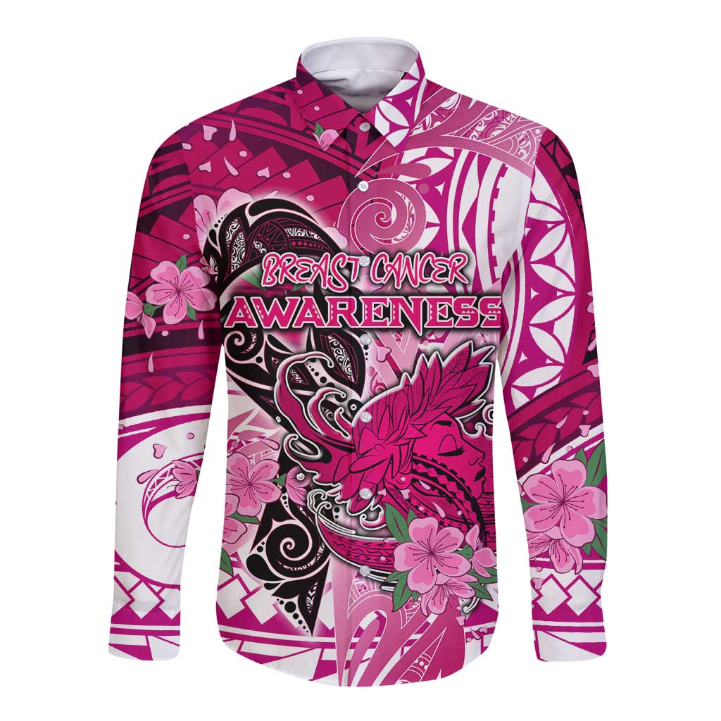 Breast Cancer Awareness Hawaii Long Sleeve Button Shirt Polynesia Girl Nobody Fights Alone DT02 Unisex Pink - Polynesian Pride