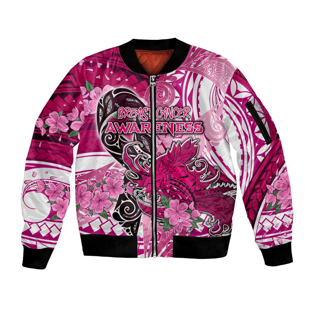 Breast Cancer Awareness Hawaii Sleeve Zip Bomber Jacket Polynesia Girl Nobody Fights Alone DT02 Unisex Pink - Polynesian Pride