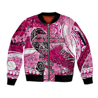 Breast Cancer Awareness Hawaii Sleeve Zip Bomber Jacket Polynesia Girl Nobody Fights Alone DT02 Unisex Pink - Polynesian Pride