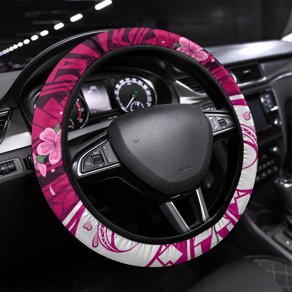 Breast Cancer Awareness Hawaii Steering Wheel Cover Polynesia Girl Nobody Fights Alone DT02 Universal Fit Pink - Polynesian Pride
