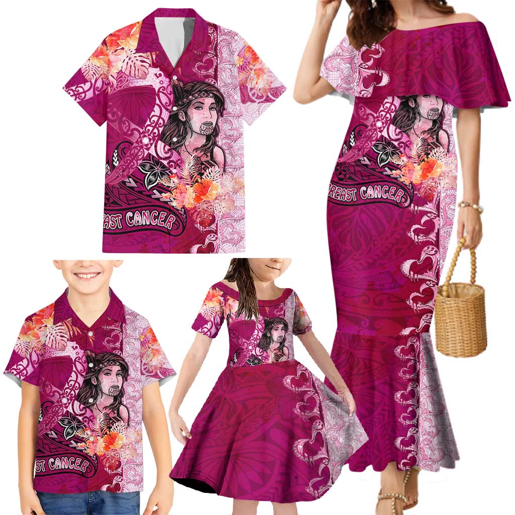 Breast Cancer New Zealand Family Matching Mermaid Dress and Hawaiian Shirt Maori Aotearoa Girl Pink Out