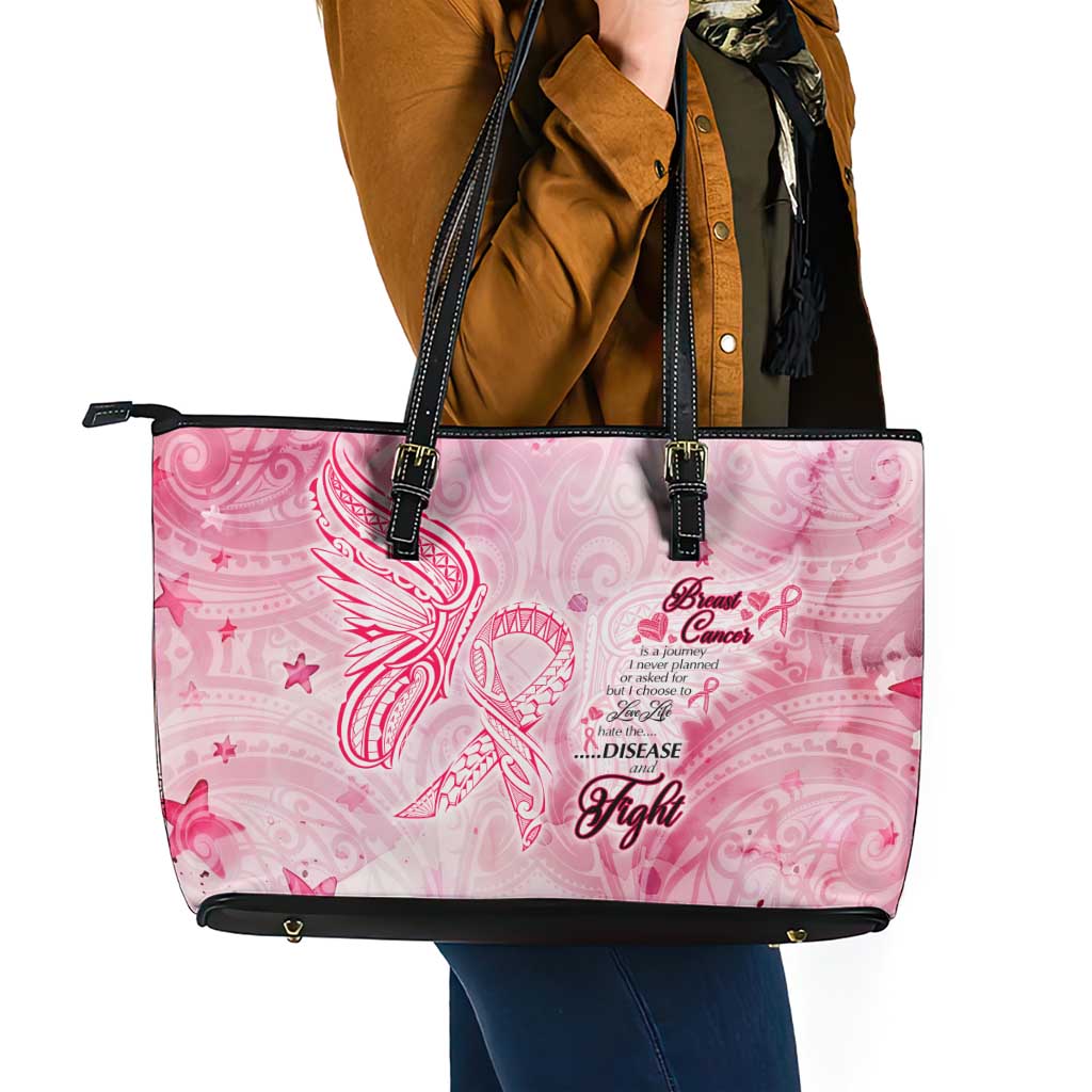 Breast Cancer Awareness Month Leather Tote Bag Butterfly Polynesia Watercolor Pink DT02 - Polynesian Pride