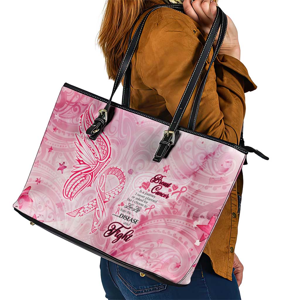 Breast Cancer Awareness Month Leather Tote Bag Butterfly Polynesia Watercolor Pink DT02 - Polynesian Pride
