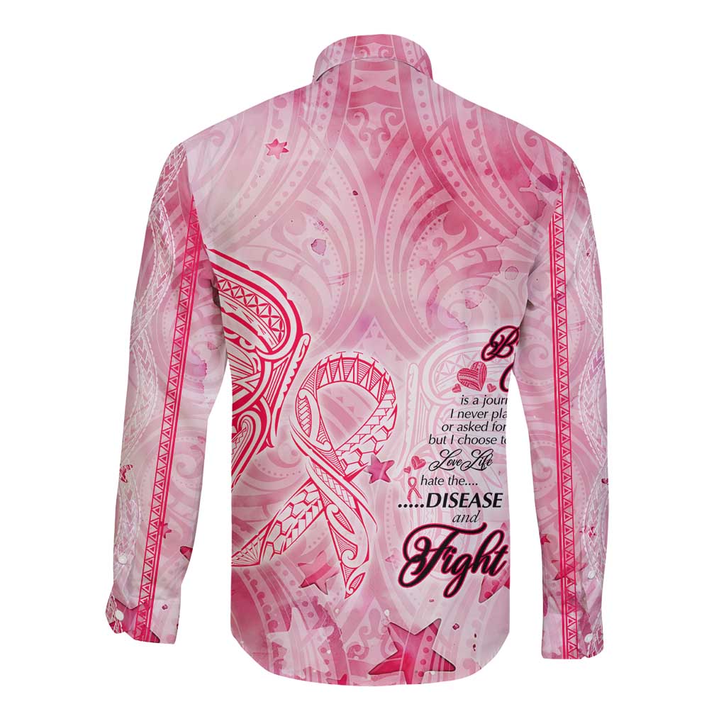 Breast Cancer Awareness Month Long Sleeve Button Shirt Butterfly Polynesia Watercolor Pink DT02 - Polynesian Pride