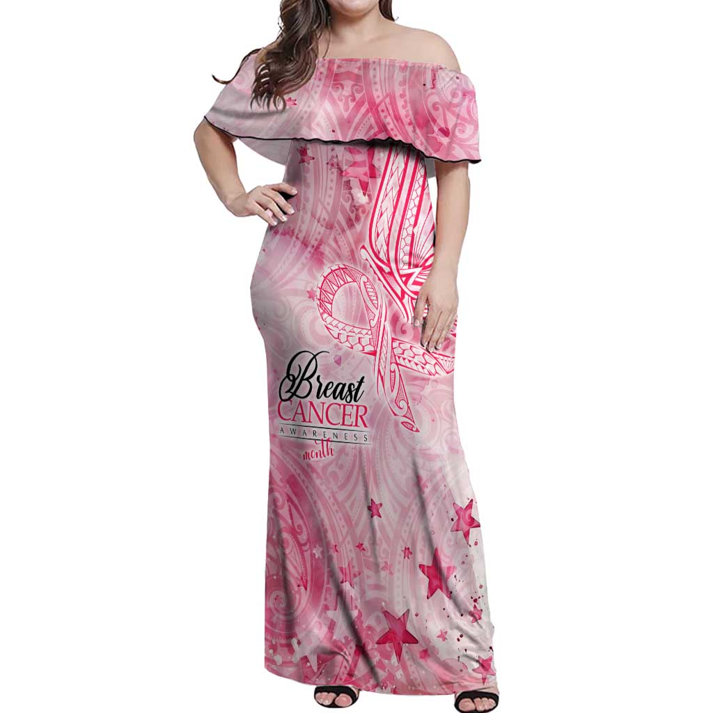 Breast Cancer Awareness Month Off Shoulder Maxi Dress Butterfly Polynesia Watercolor Pink DT02 Women Pink - Polynesian Pride