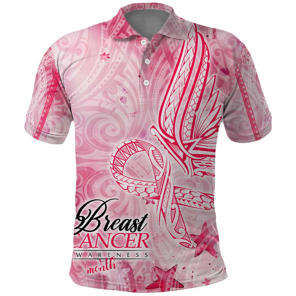 Breast Cancer Awareness Month Polo Shirt Butterfly Polynesia Watercolor Pink