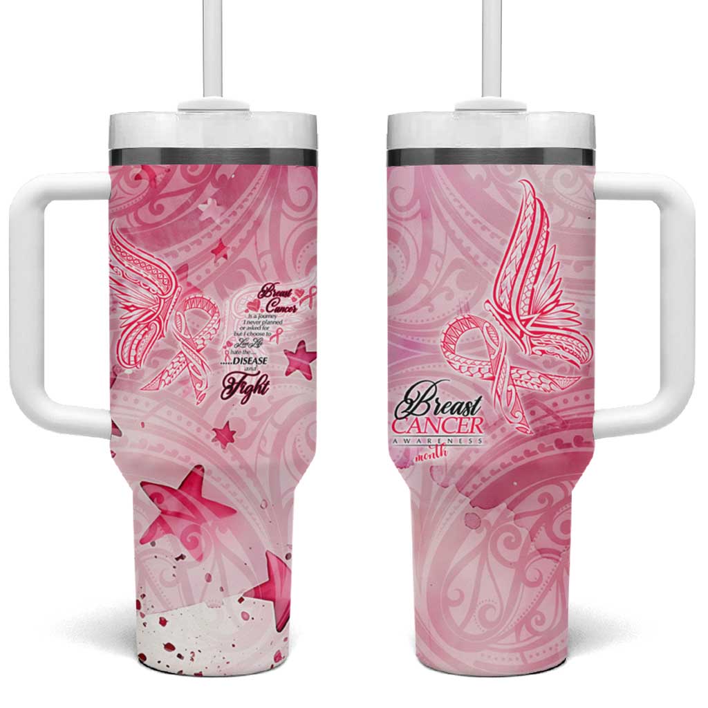 Breast Cancer Awareness Month Tumbler With Handle Butterfly Polynesia Watercolor Pink DT02 One Size: 40 oz Pink - Polynesian Pride