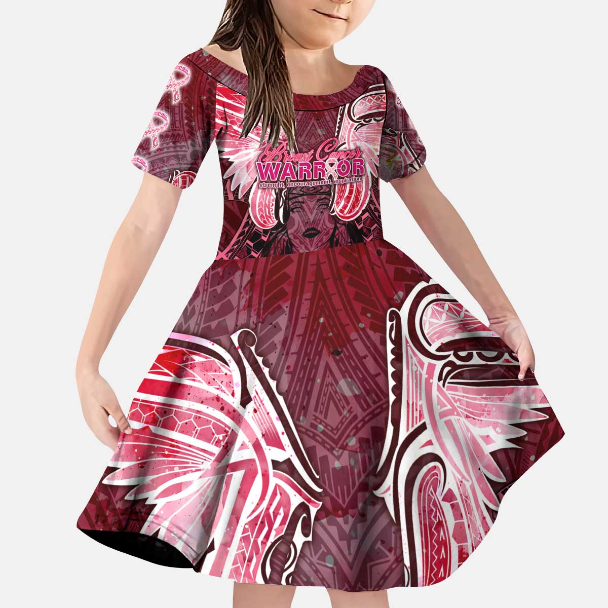 Breast Cancer Warrior Kid Short Sleeve Dress Angel Wings Polynesian Pattern DT02 KID Pink - Polynesian Pride