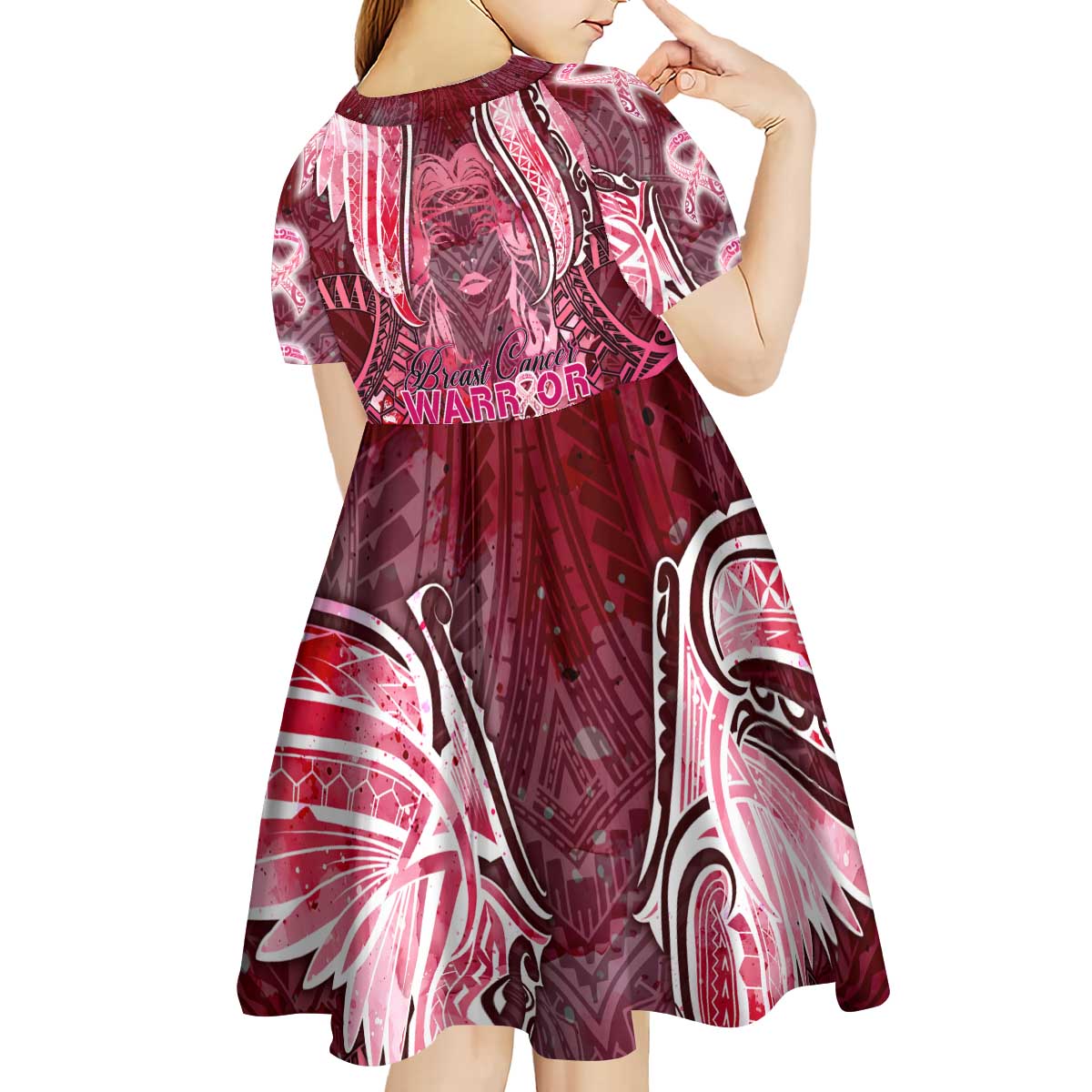 Breast Cancer Warrior Kid Short Sleeve Dress Angel Wings Polynesian Pattern DT02 - Polynesian Pride