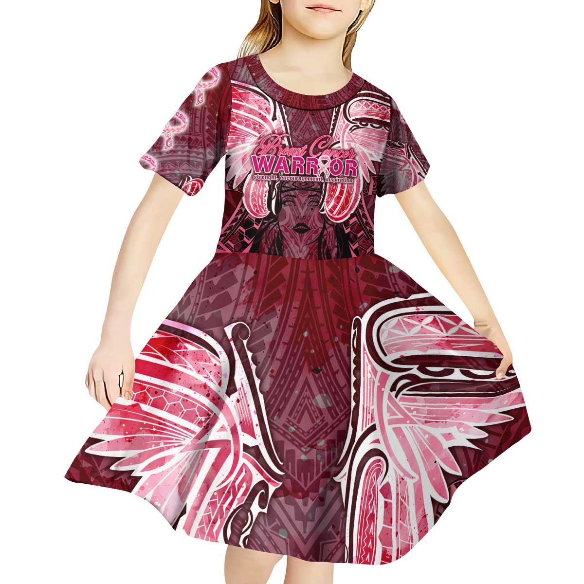Breast Cancer Warrior Kid Short Sleeve Dress Angel Wings Polynesian Pattern DT02 - Polynesian Pride