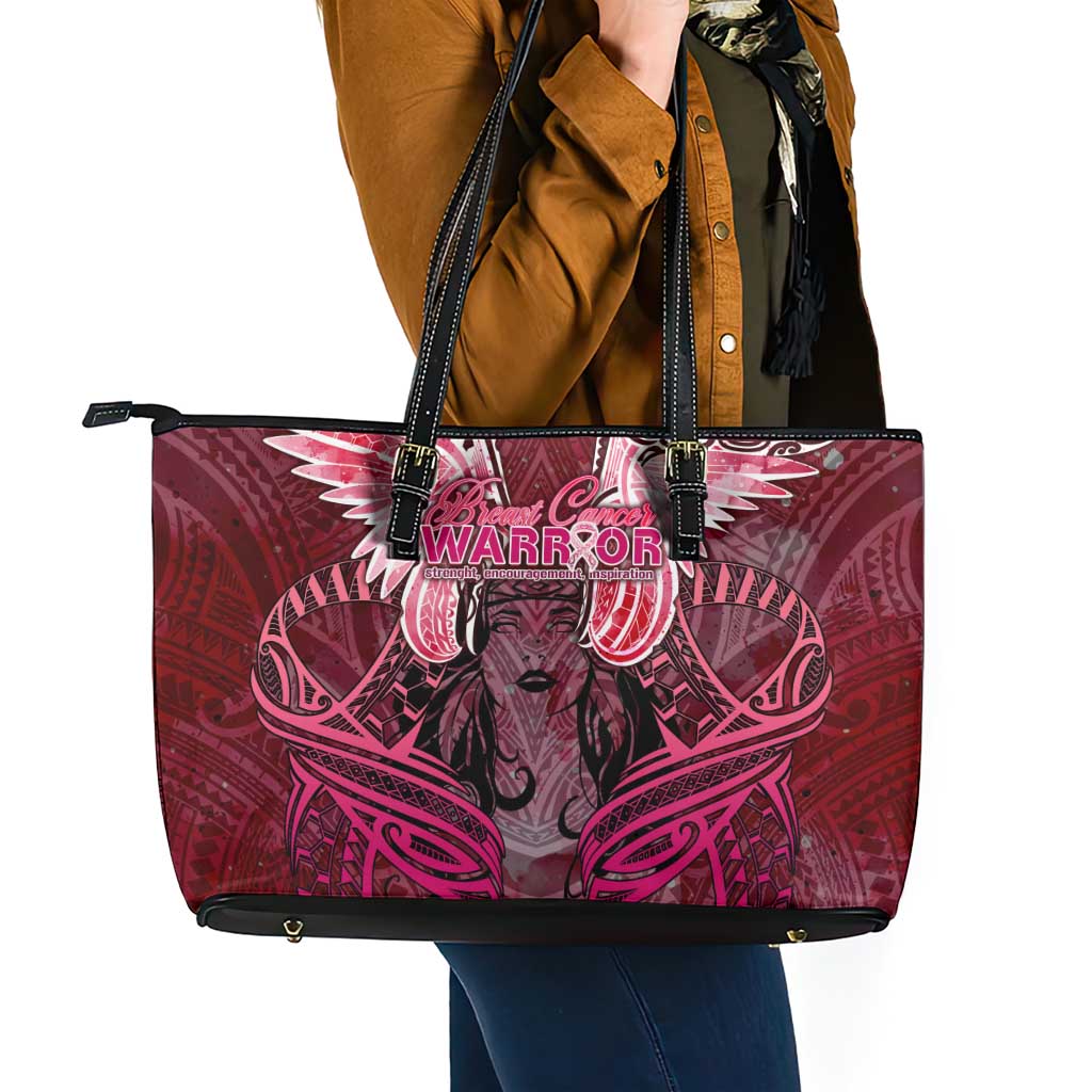 Breast Cancer Warrior Leather Tote Bag Angel Wings Polynesian Pattern DT02 - Polynesian Pride