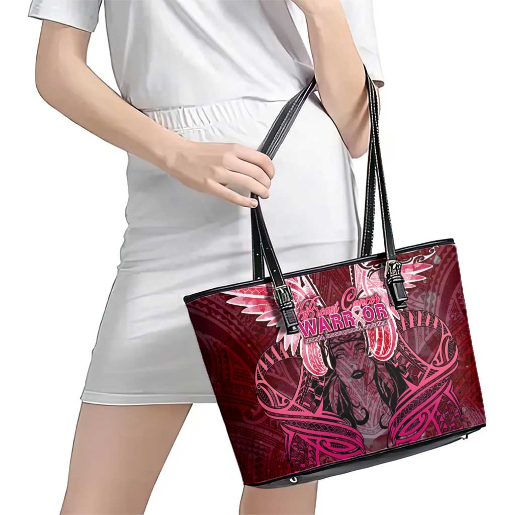 Breast Cancer Warrior Leather Tote Bag Angel Wings Polynesian Pattern DT02 - Polynesian Pride