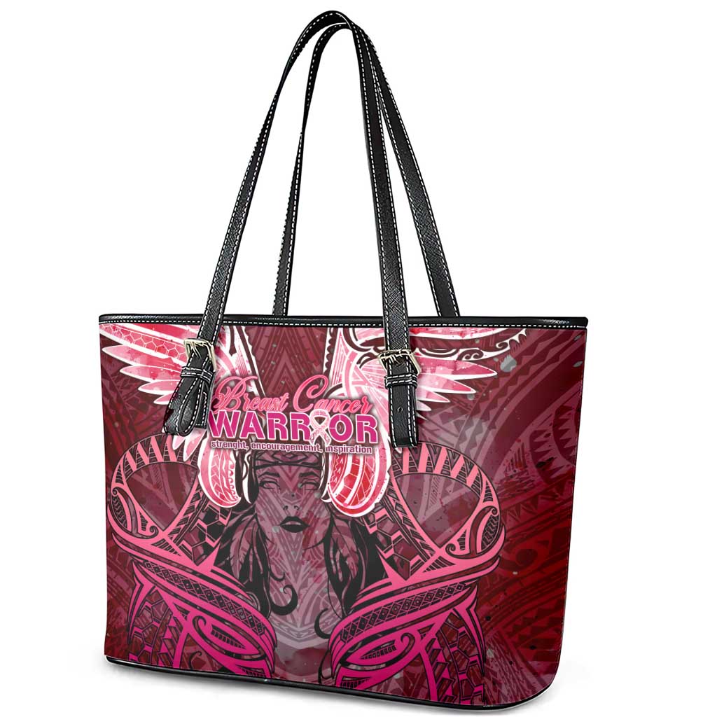 Breast Cancer Warrior Leather Tote Bag Angel Wings Polynesian Pattern DT02 - Polynesian Pride