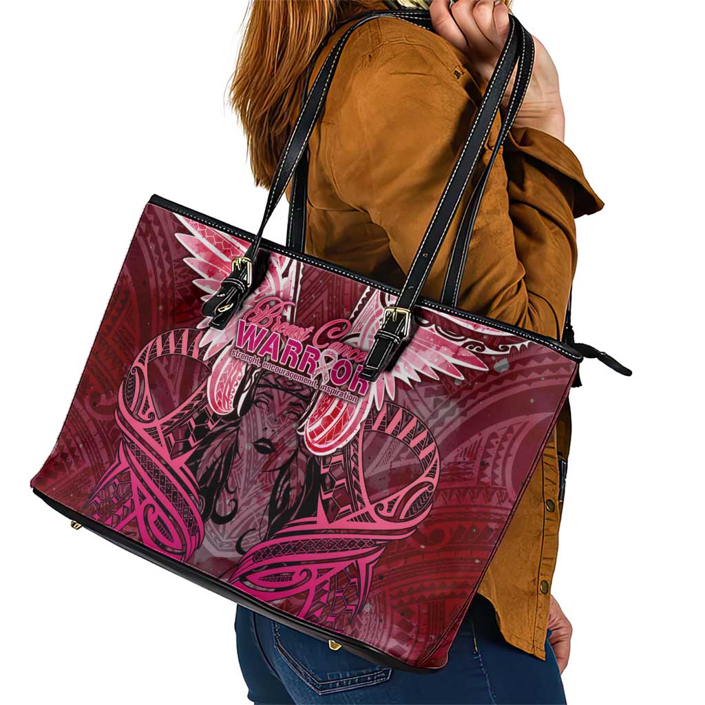 Breast Cancer Warrior Leather Tote Bag Angel Wings Polynesian Pattern DT02 - Polynesian Pride