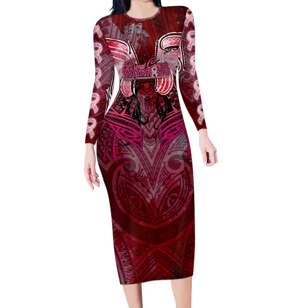 Breast Cancer Warrior Long Sleeve Bodycon Dress Angel Wings Polynesian Pattern DT02 Long Dress Pink - Polynesian Pride