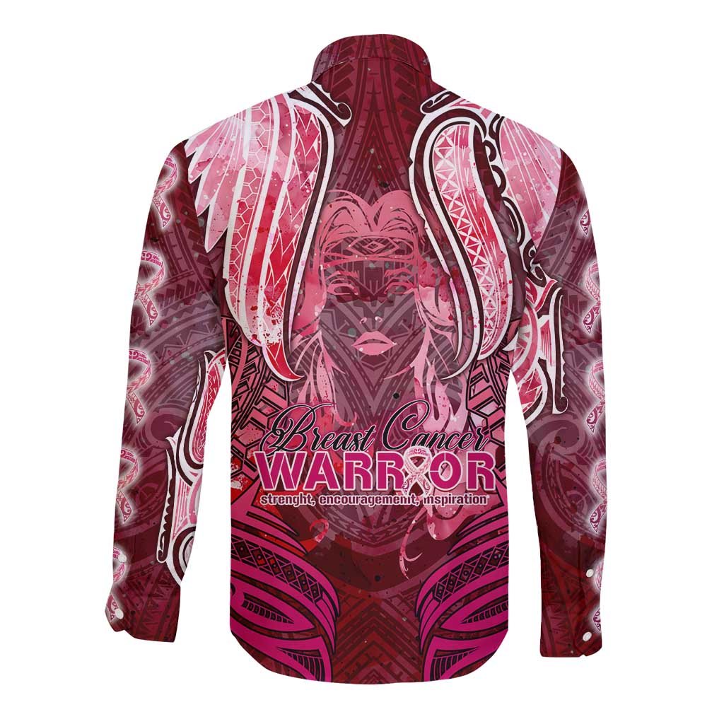 Breast Cancer Warrior Long Sleeve Button Shirt Angel Wings Polynesian Pattern DT02 - Polynesian Pride