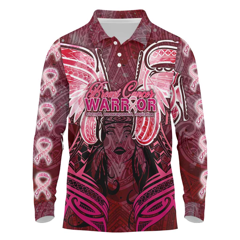 Breast Cancer Warrior Long Sleeve Polo Shirt Angel Wings Polynesian Pattern DT02 Pink - Polynesian Pride