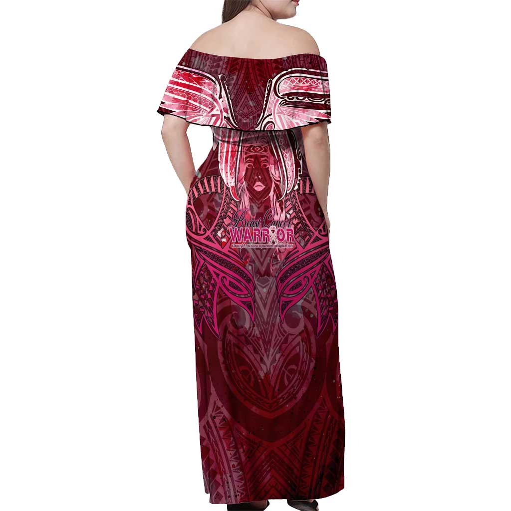 Breast Cancer Warrior Off Shoulder Maxi Dress Angel Wings Polynesian Pattern DT02 - Polynesian Pride