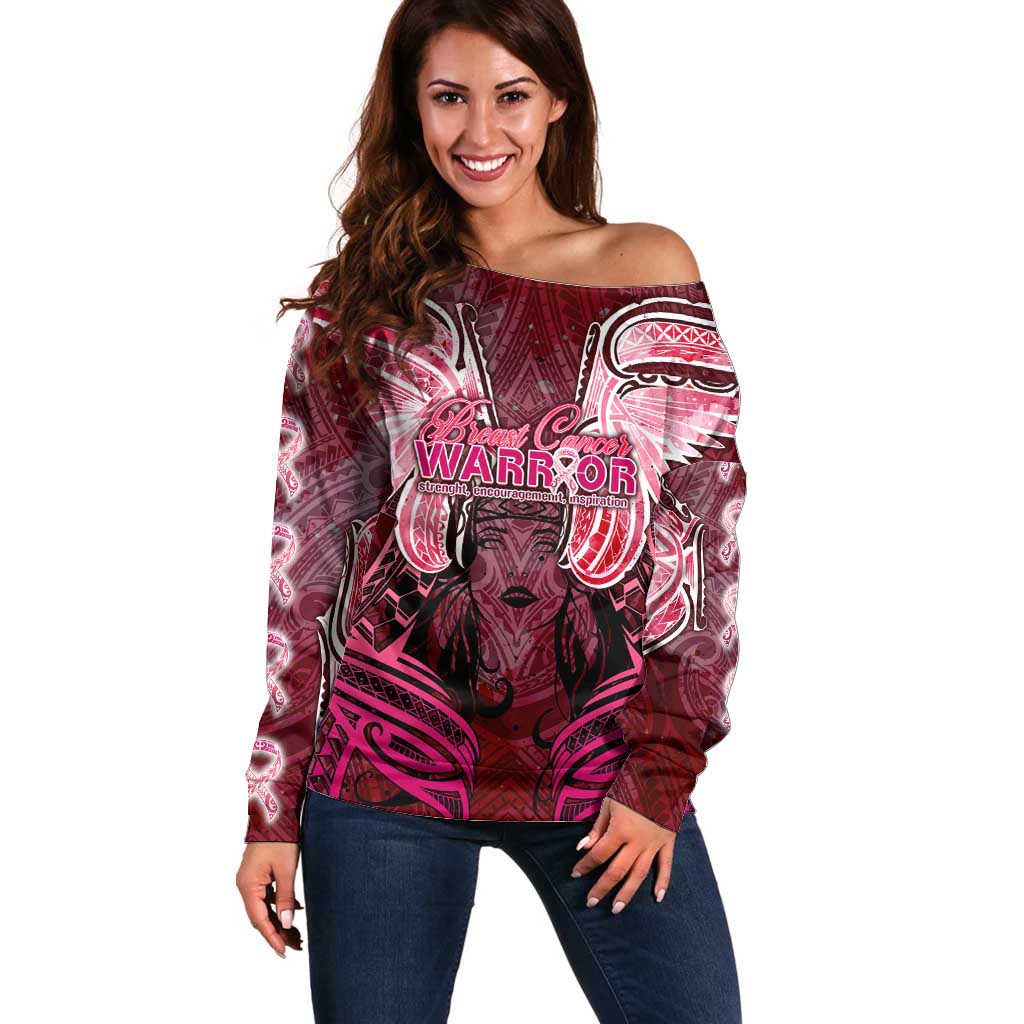 Breast Cancer Warrior Off Shoulder Sweater Angel Wings Polynesian Pattern DT02 Women Pink - Polynesian Pride
