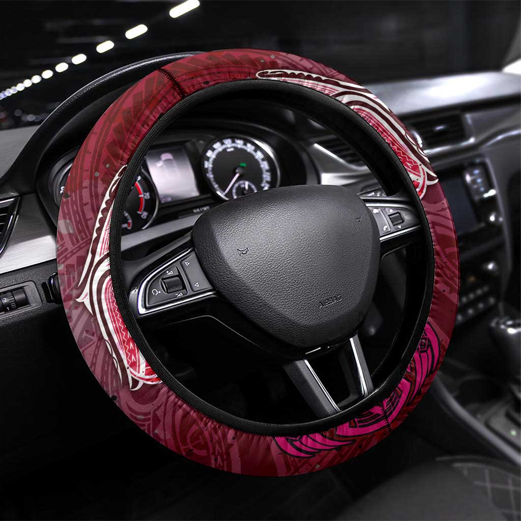 Breast Cancer Warrior Steering Wheel Cover Angel Wings Polynesian Pattern