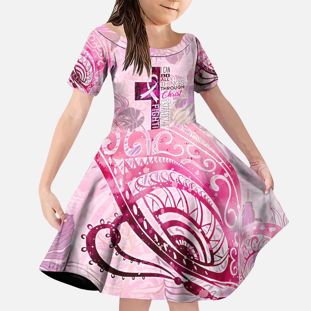 Breast Cancer Polynesian Kid Short Sleeve Dress I Can Do All Things Through Christ DT02 KID Pink - Polynesian Pride
