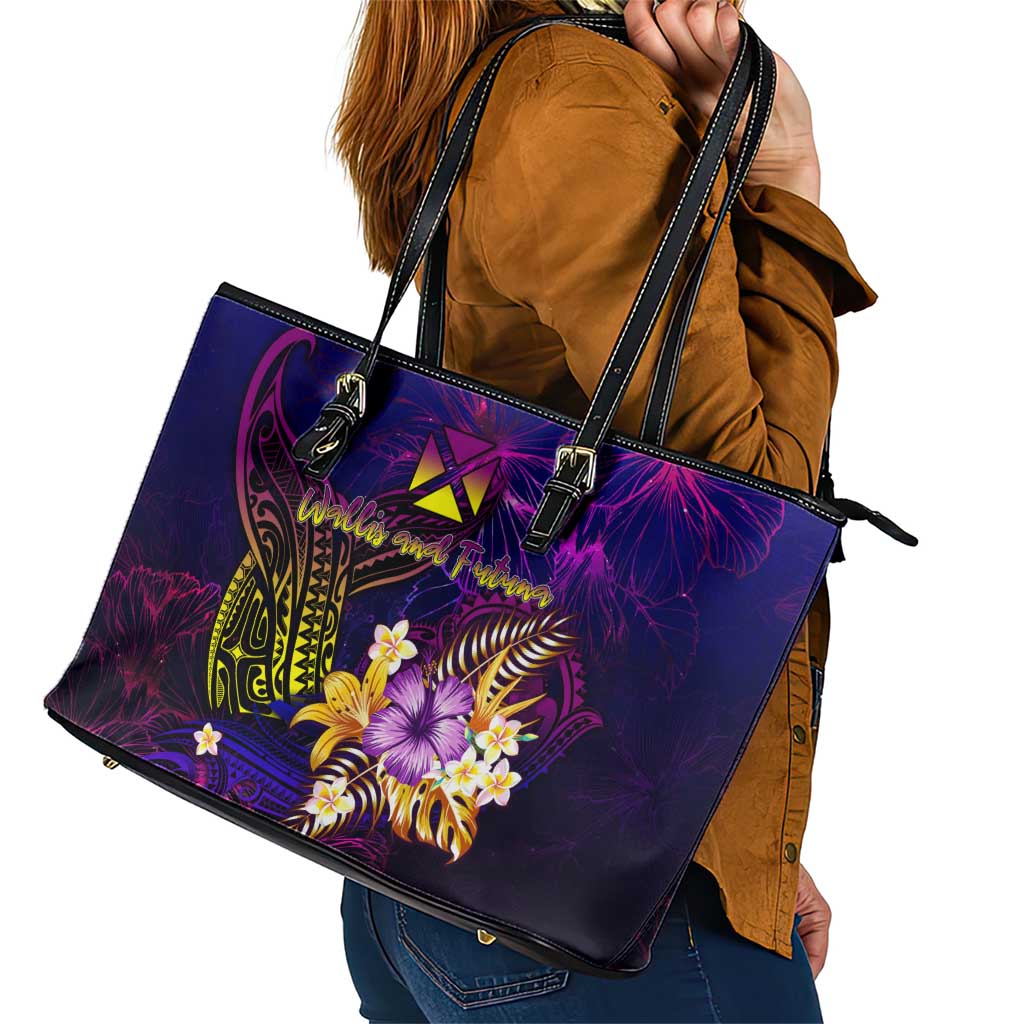 Wallis and Futuna Leather Tote Bag Whale Hibiscus Polynesian DT02 - Polynesian Pride