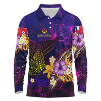 Wallis and Futuna Long Sleeve Polo Shirt Whale Hibiscus Polynesian DT02 Purple - Polynesian Pride