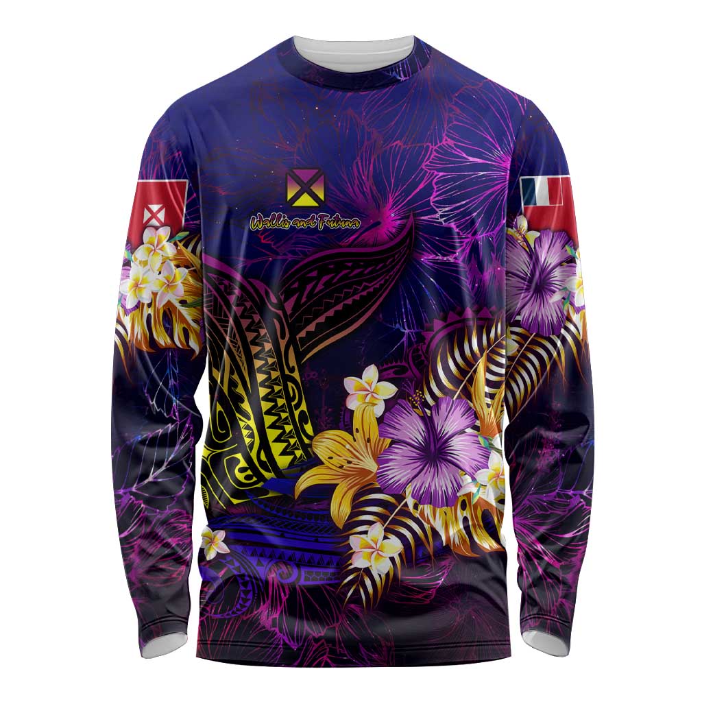 Wallis and Futuna Long Sleeve Shirt Whale Hibiscus Polynesian DT02 Unisex Purple - Polynesian Pride
