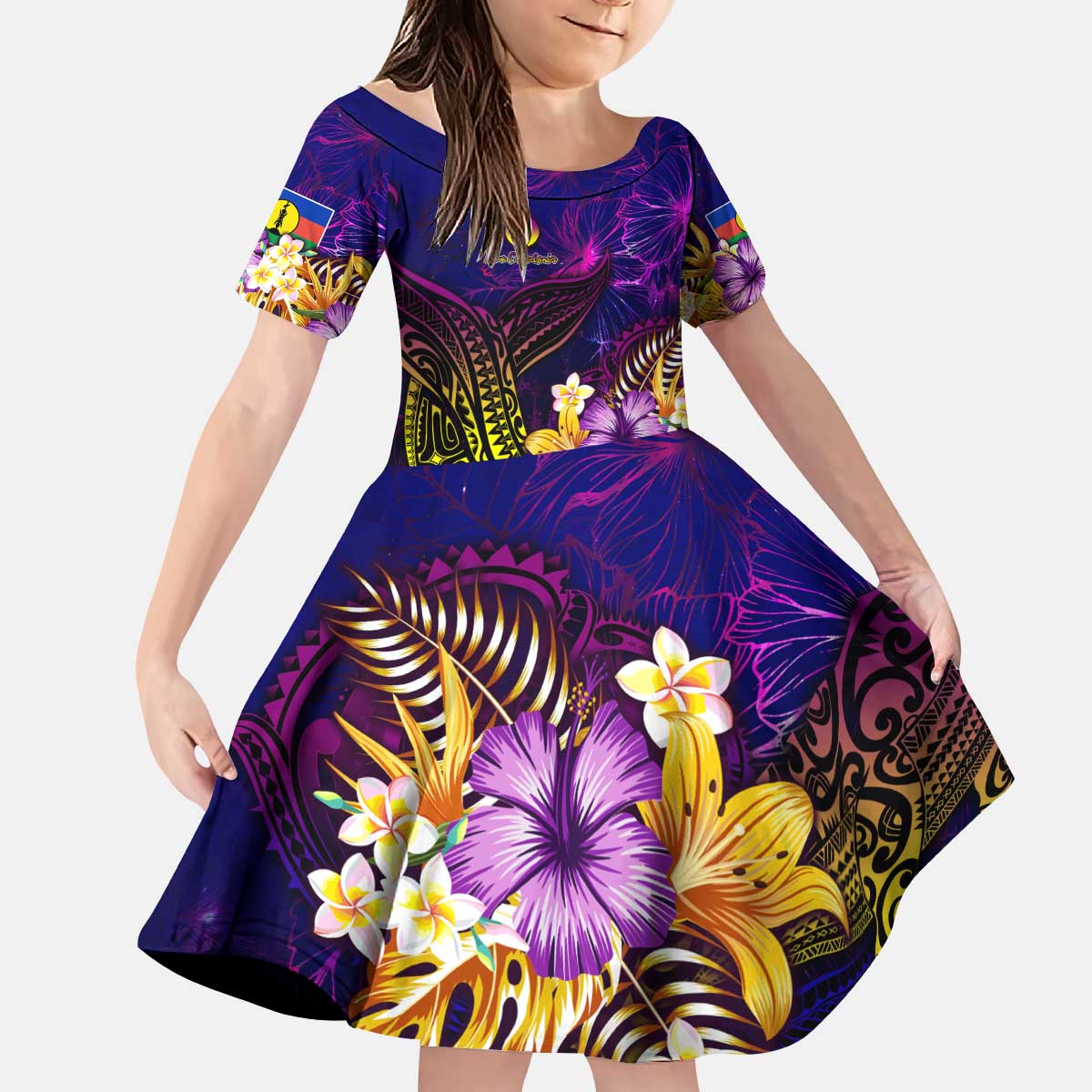 New Caledonia Kid Short Sleeve Dress Whale Hibiscus Polynesian DT02 KID Purple - Polynesian Pride