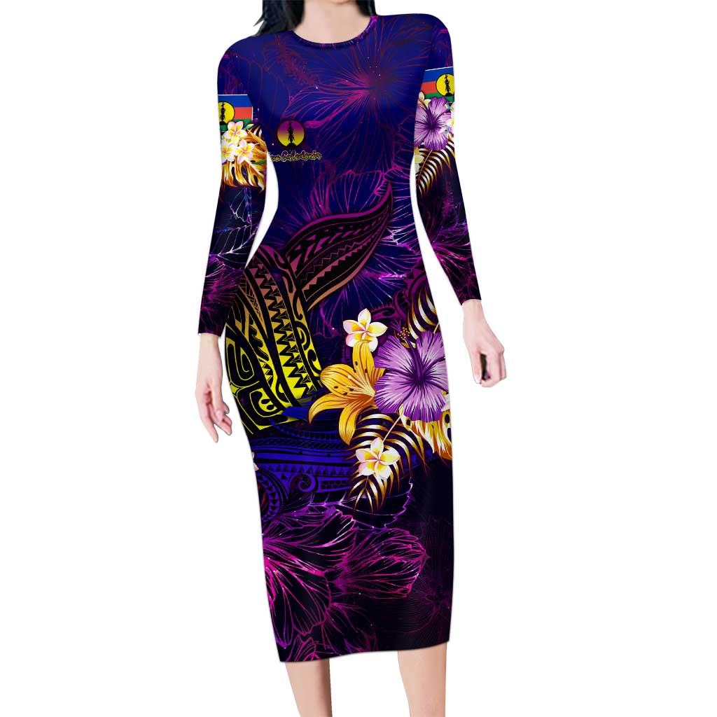 New Caledonia Long Sleeve Bodycon Dress Whale Hibiscus Polynesian DT02 Long Dress Purple - Polynesian Pride
