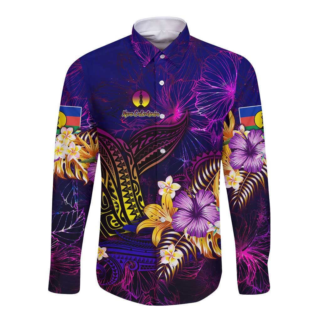 New Caledonia Long Sleeve Button Shirt Whale Hibiscus Polynesian DT02 Unisex Purple - Polynesian Pride