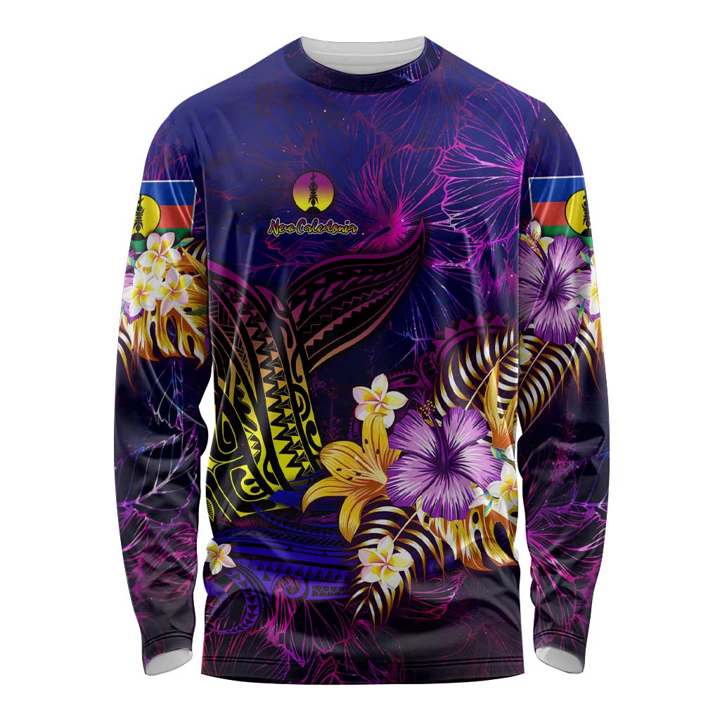 New Caledonia Long Sleeve Shirt Whale Hibiscus Polynesian DT02 Unisex Purple - Polynesian Pride