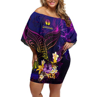 New Caledonia Off Shoulder Short Dress Whale Hibiscus Polynesian DT02 Women Purple - Polynesian Pride