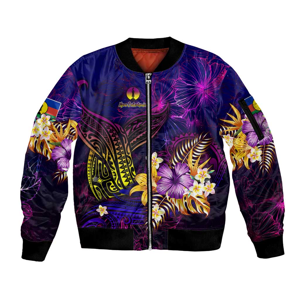 New Caledonia Sleeve Zip Bomber Jacket Whale Hibiscus Polynesian DT02 Unisex Purple - Polynesian Pride