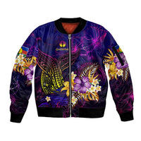 New Caledonia Sleeve Zip Bomber Jacket Whale Hibiscus Polynesian DT02 Unisex Purple - Polynesian Pride