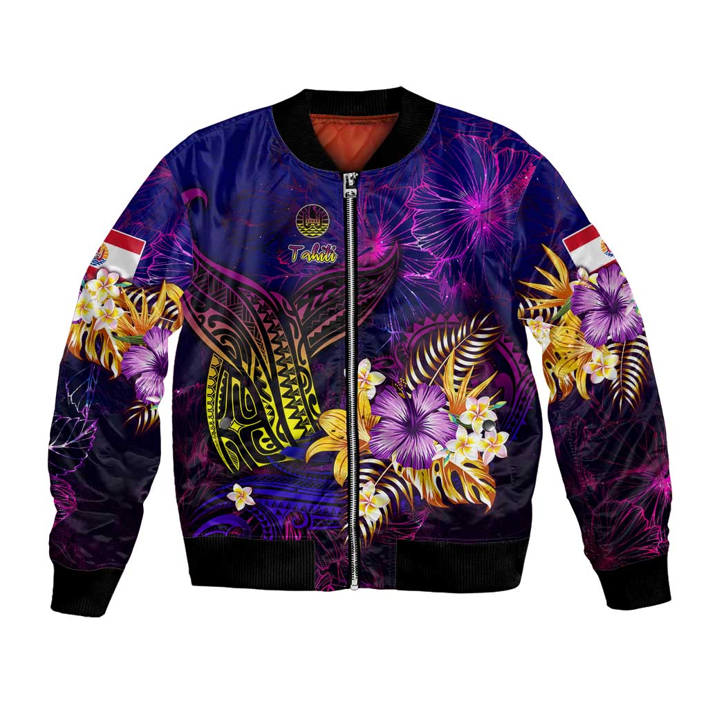 Tahiti French Polynesia Bomber Jacket Whale Hibiscus Polynesian DT02 Unisex Purple - Polynesian Pride