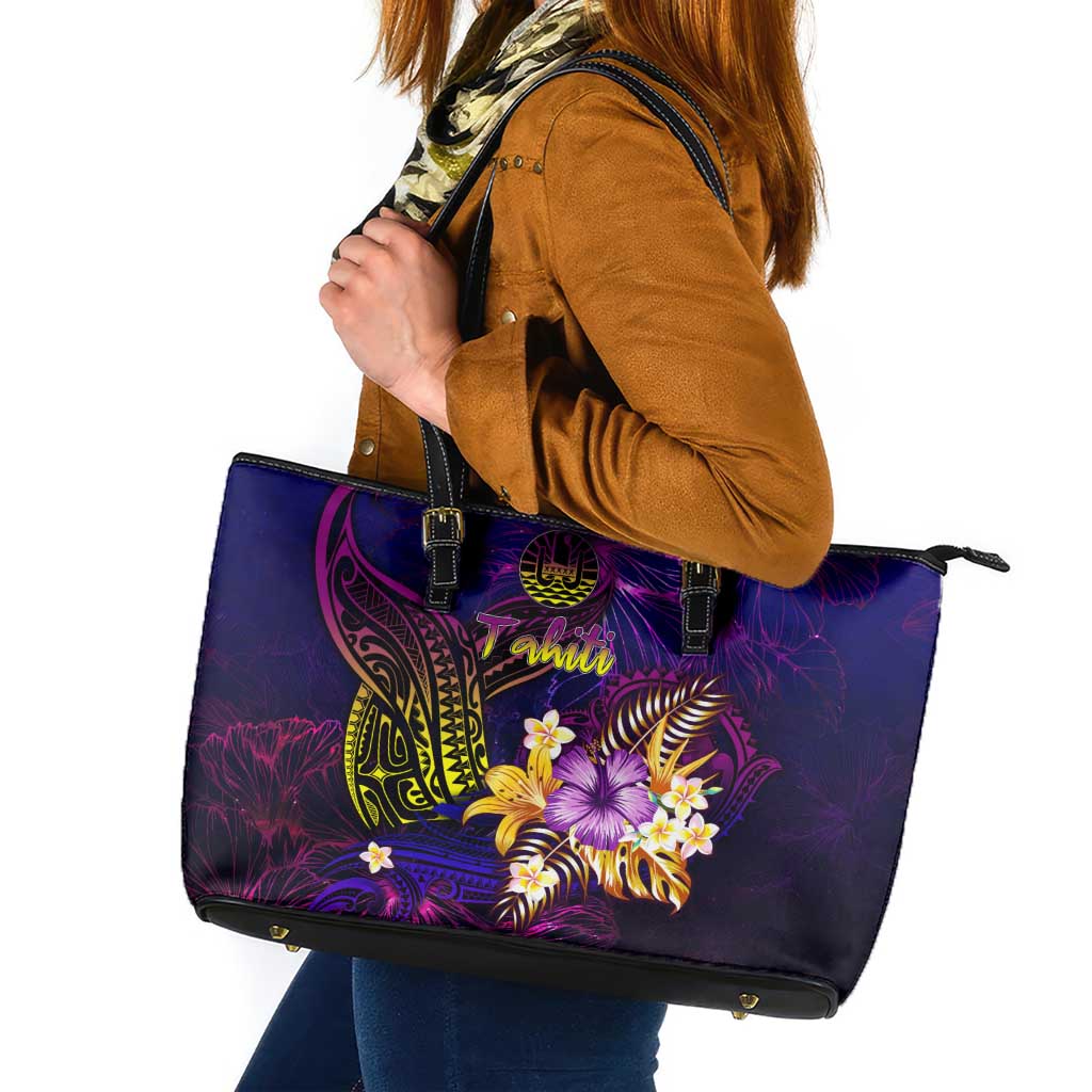 Tahiti French Polynesia Leather Tote Bag Whale Hibiscus Polynesian DT02 Purple - Polynesian Pride