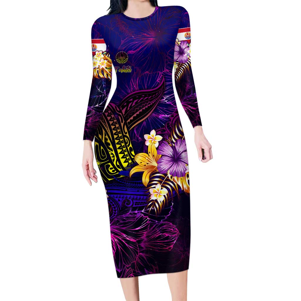 Tahiti French Polynesia Long Sleeve Bodycon Dress Whale Hibiscus Polynesian DT02 Long Dress Purple - Polynesian Pride