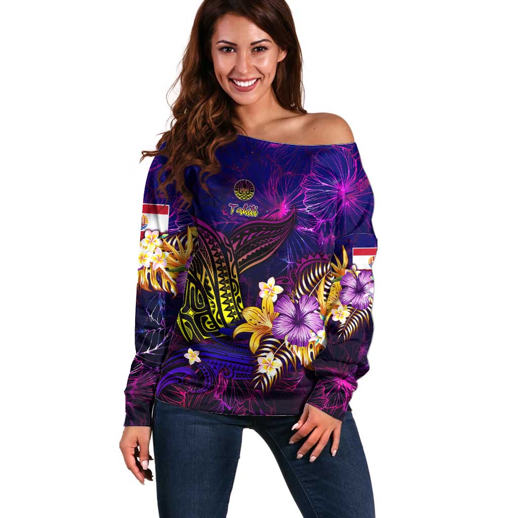 Tahiti French Polynesia Off Shoulder Sweater Whale Hibiscus Polynesian DT02 Women Purple - Polynesian Pride