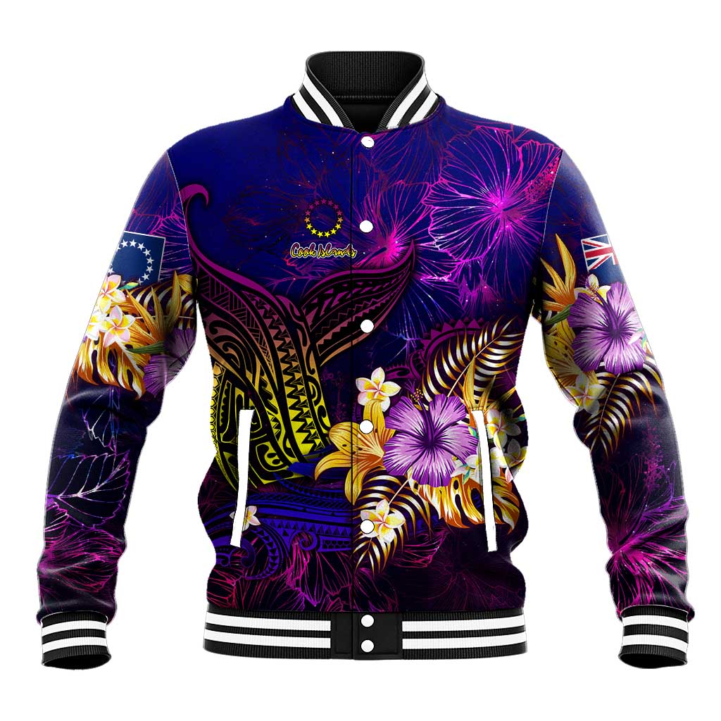 Cook Islands Baseball Jacket Whale Hibiscus Polynesian DT02 Unisex Purple - Polynesian Pride