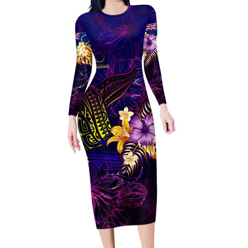 Cook Islands Long Sleeve Bodycon Dress Whale Hibiscus Polynesian DT02 Long Dress Purple - Polynesian Pride