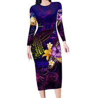 Cook Islands Long Sleeve Bodycon Dress Whale Hibiscus Polynesian DT02 Long Dress Purple - Polynesian Pride